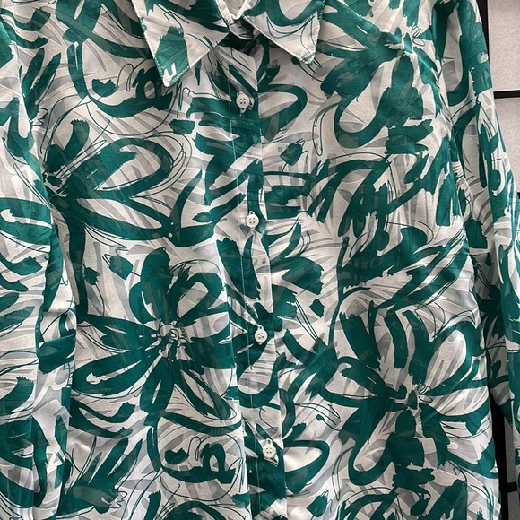 Mr. Max Sheer Blouse, Green & White, Abstract Floral Design, SZ XL  NWOT - Picture 3 of 9